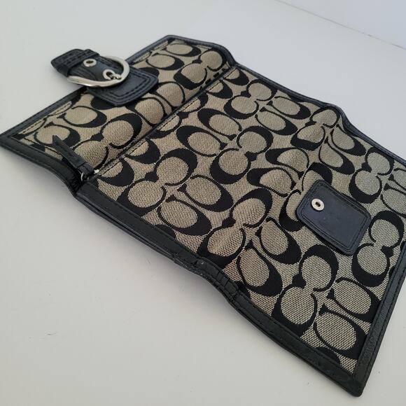 Coach Buckle Signature Clutch Wallet Large Logo Canvas Leather Black Trifold - Picture 6 of 12